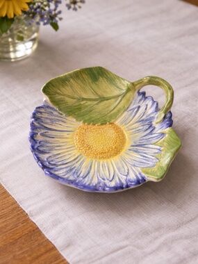 San Marco Italy Hand Painted Ceramic Sunflower Dish Floral  Handle Trinket plate